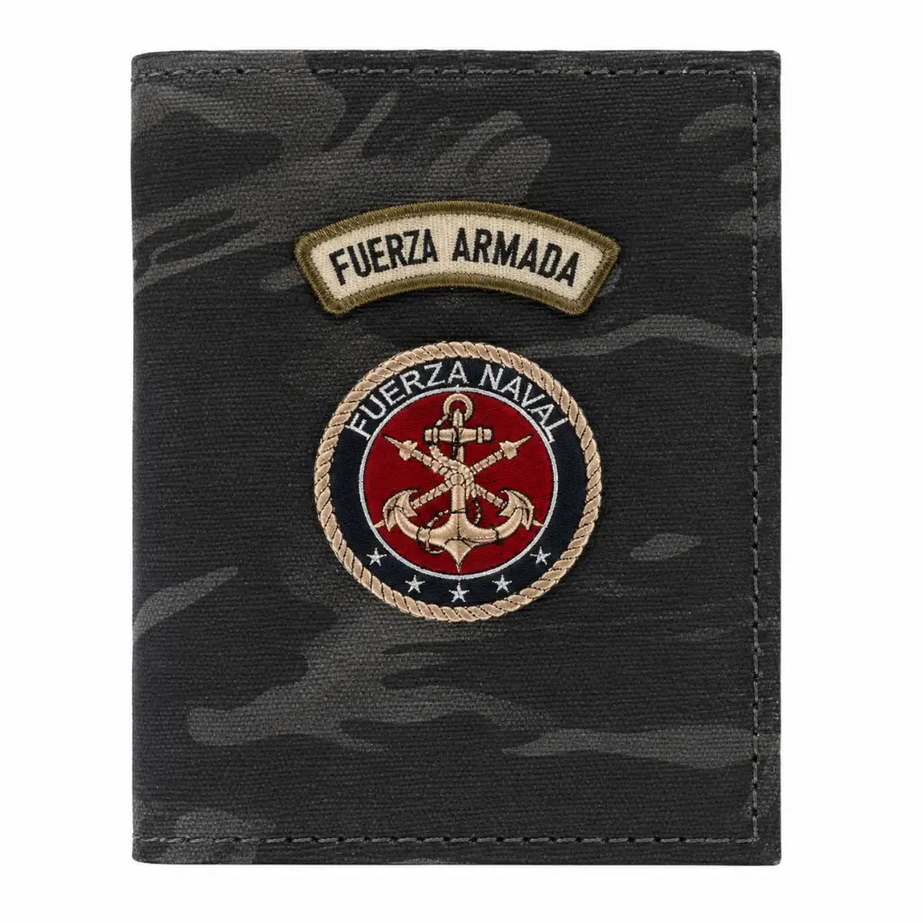 Carteira Naval Camuflada camuflagem cinza com faixa FUERZA ARMADA e emblema FUERZA NAVAL