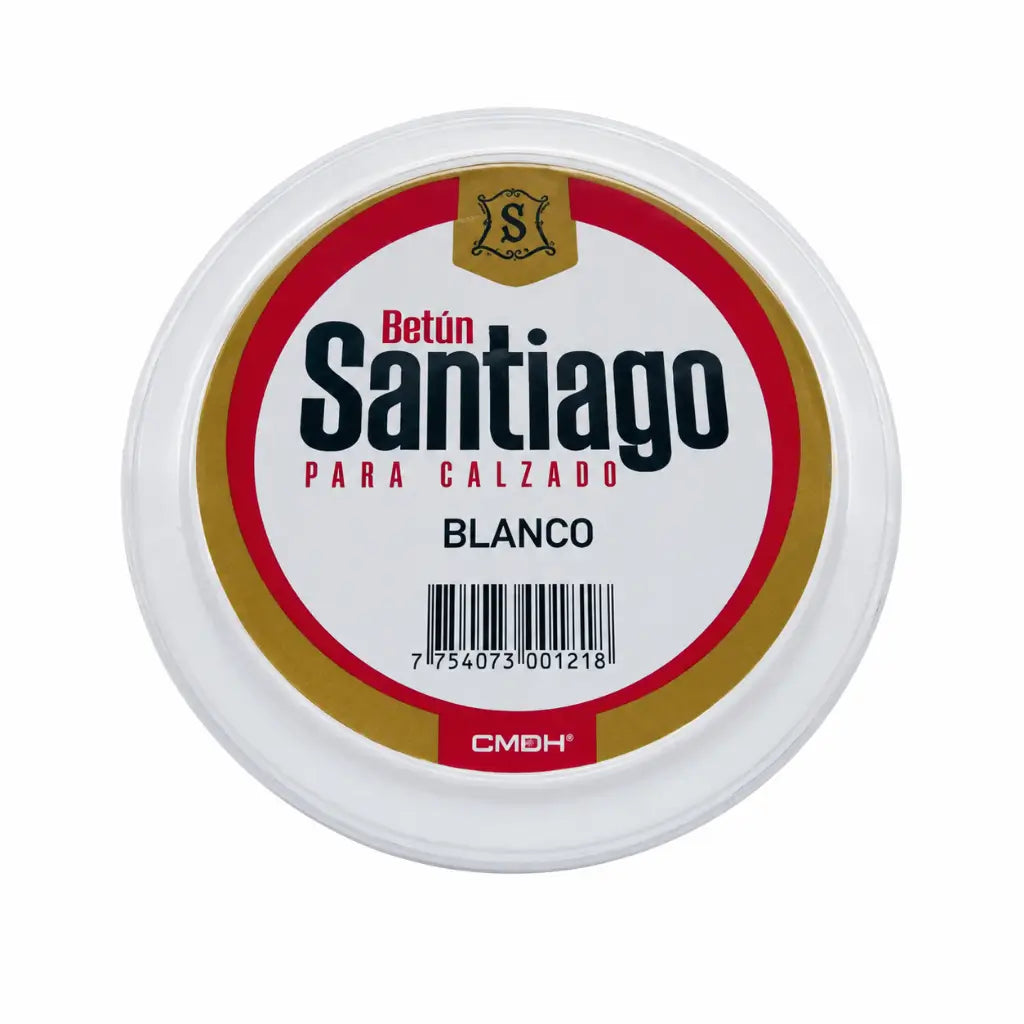 Pote Santiago branco de betún, tampa prateada, logotipo dourado visível, 90 mL.