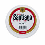 Pote Santiago branco de betún, tampa prateada, logotipo dourado visível, 90 mL.