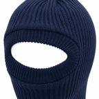 Balaclava azul marinho de malha com costura canelada e aberturas para olhos e boca