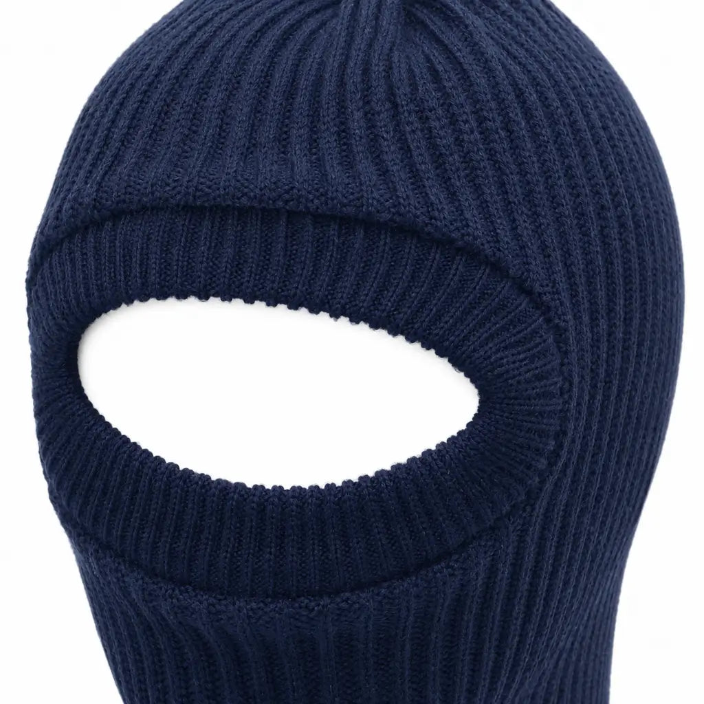 Balaclava azul marinho de malha com costura canelada e aberturas para olhos e boca