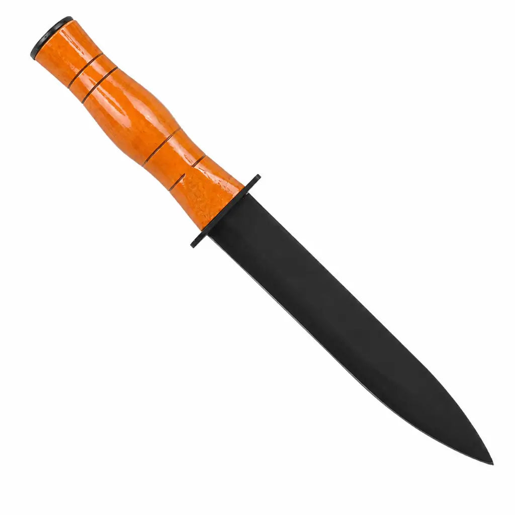 Faca Belica MK2 com lâmina preta longa e cabo de madeira laranja ergonômico