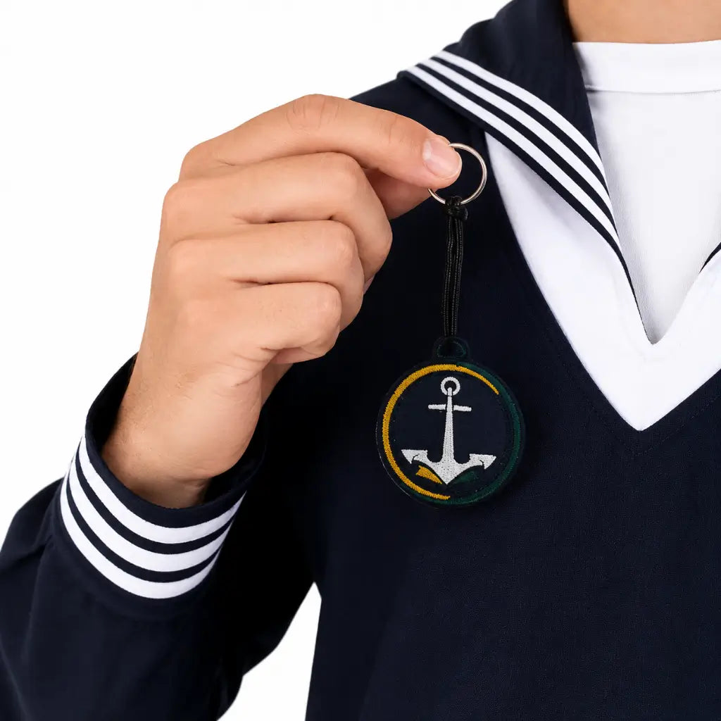 Pessoa de uniforme de marinheiro segurando Chaveiro Marinha Brasão com âncora e círculo verde e amarelo