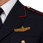 Distintivo dourado na lapela azul marinho com detalhes vermelhos