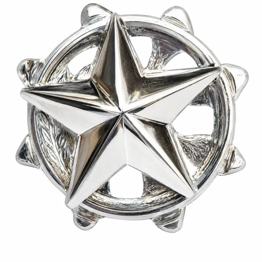 Distintivo circular prateado com estrela central e borda pontiaguda