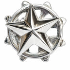Distintivo circular prateado com estrela central e borda pontiaguda