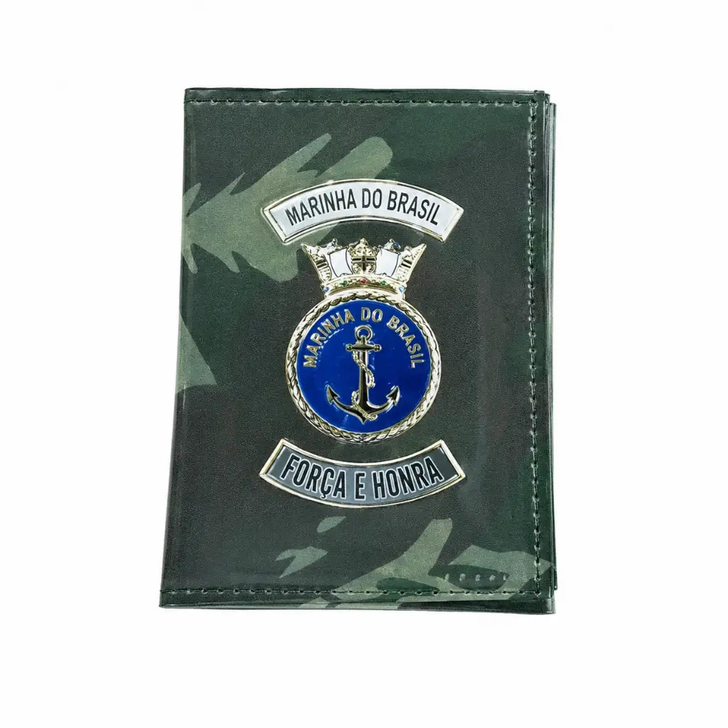 Carteira Marinha Camuflada camuflada verde com emblema metálico e texto Força e Honra
