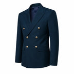Blazer azul marinho duplo com lapelas largas, botões dourados e bolsos com abas